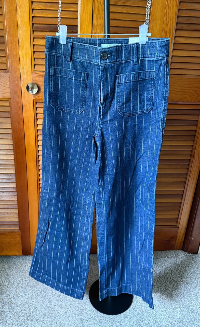 NWT LOFT Dark Blue High Rise Palmer Wide Leg Striped Jeans Pants Sz 0